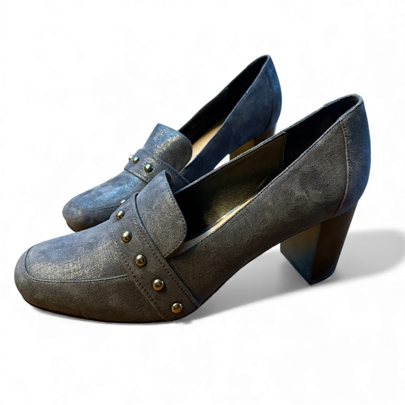 Donald Pliner Peggi Navy Iridescent Studded Loafer Pumps Women’s 10 | 2.75” Heel - Picture 4 of 14